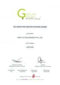 GREEN AND GRACIOUS BUILDER AWARD TO SING TEC DEVELOPMENT PTE LTD